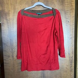 Ralph Lauren Red Long Sleeve Top with Brown Trim